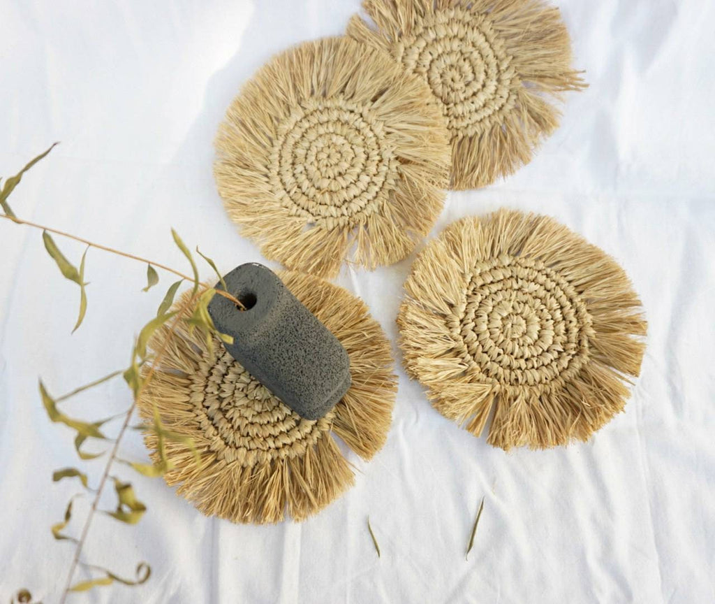 Handmade Round Raffia Coaster Set with Fringe