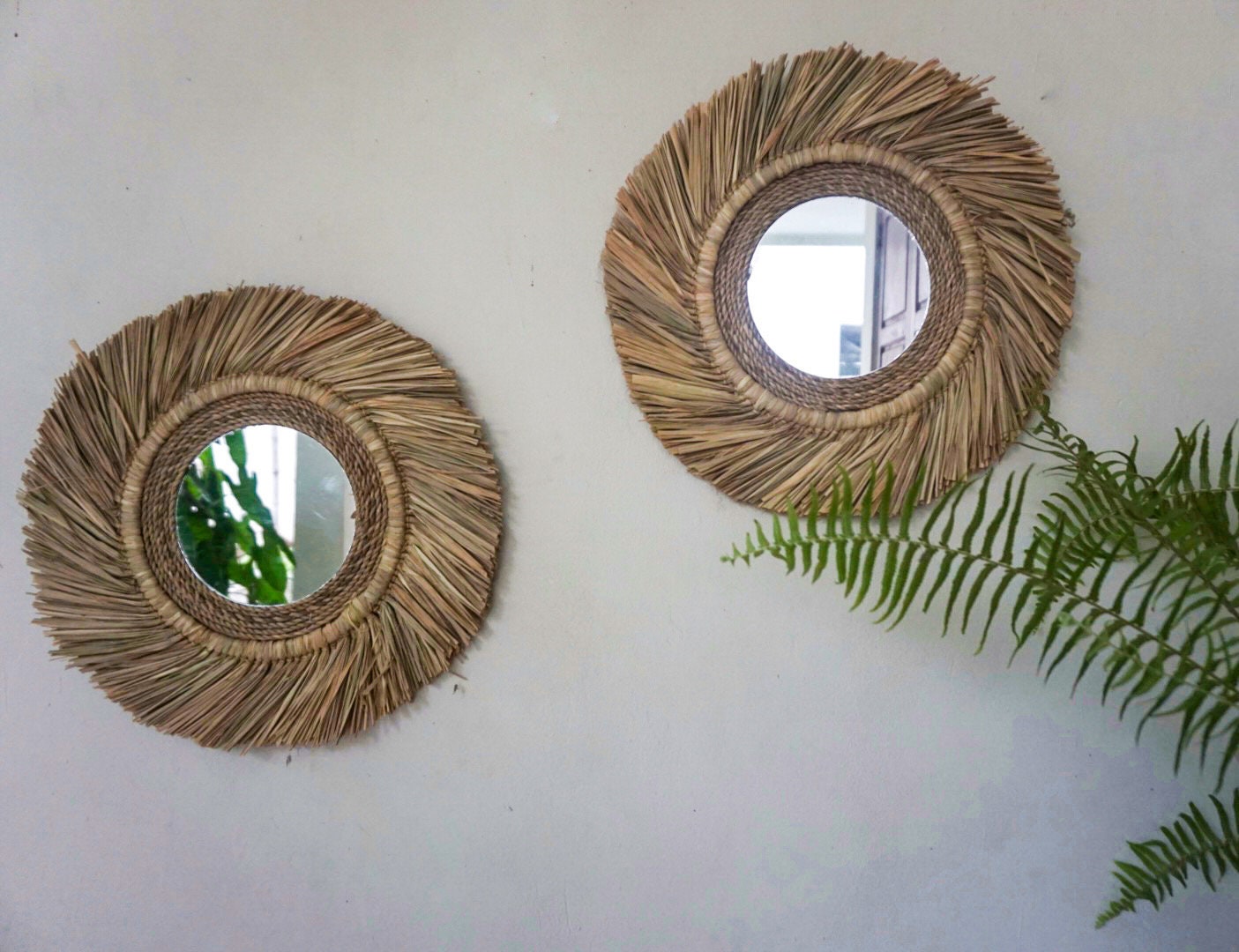 Set of 2 Coastal Charm Raffia Beach House Mirror | beach wall mirror | seagrass round mirror | boho mirror raffia wall hanging