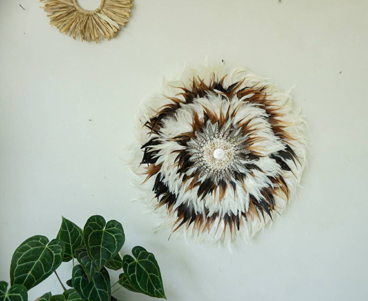White and Brown Juju Hat Wall Decor | jujuhat sea shell wall hanging | large jujuhat decor