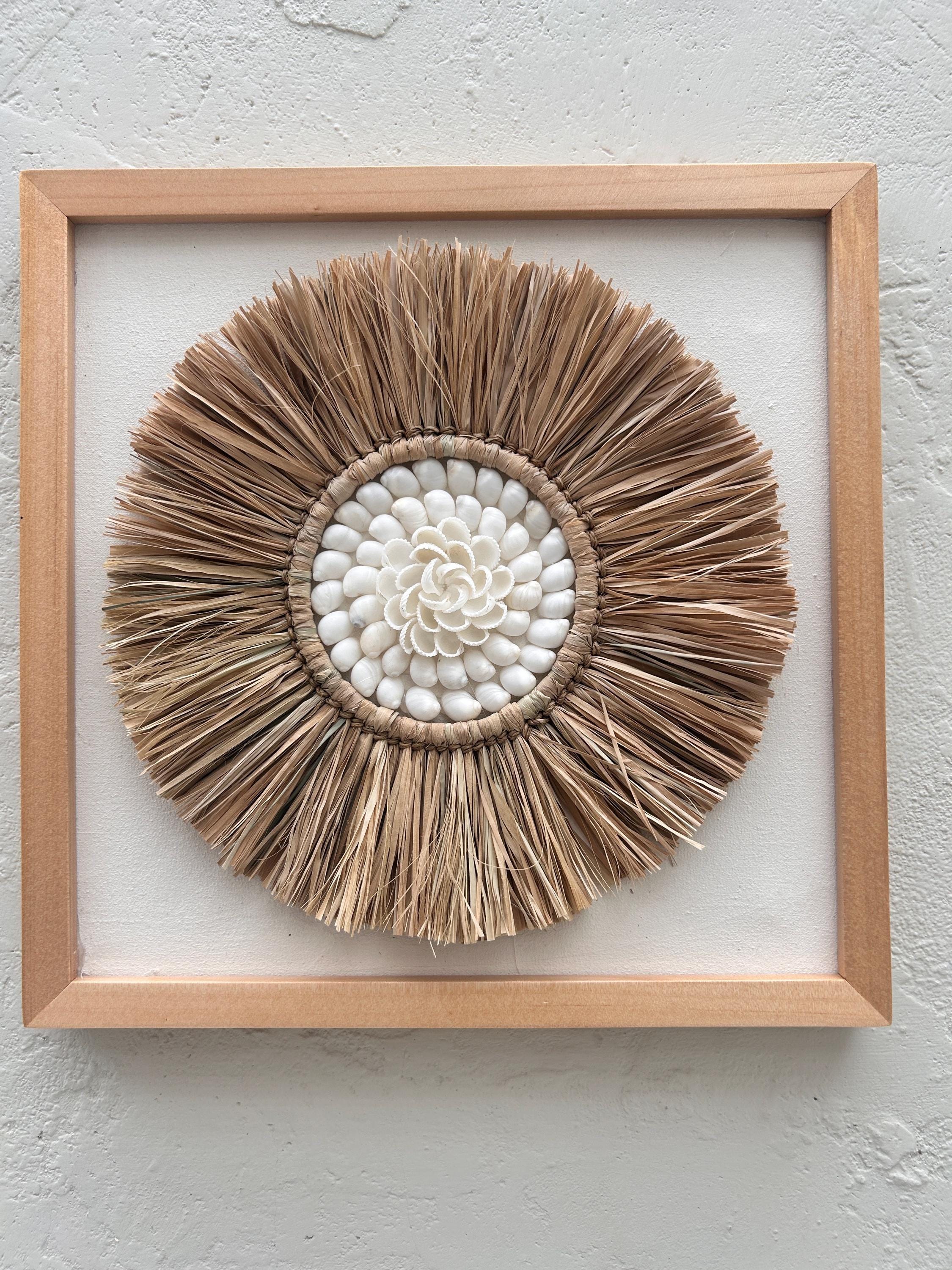 Handmade Seashell Wall Art with Raffia – Framed Boho Coastal Beach House Decor