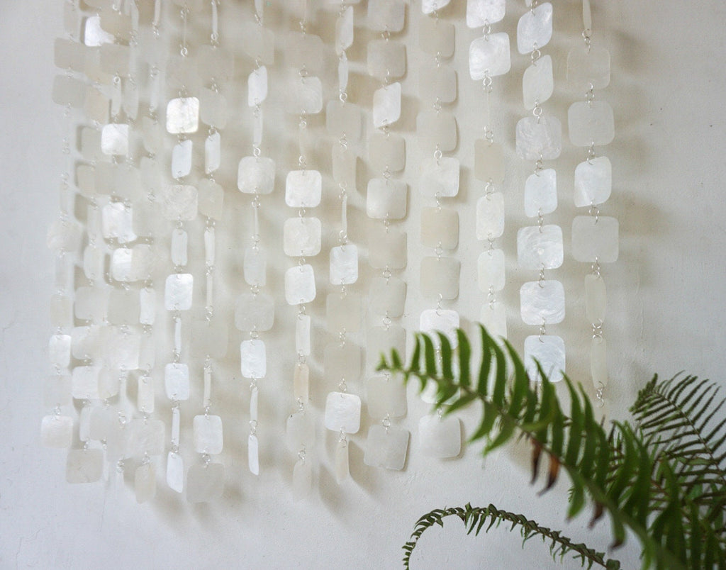 Square White capiz shell wall hanging | Beach house white shell wall hanging | Christmas boho wall hanging | Fall bohemian shell decor