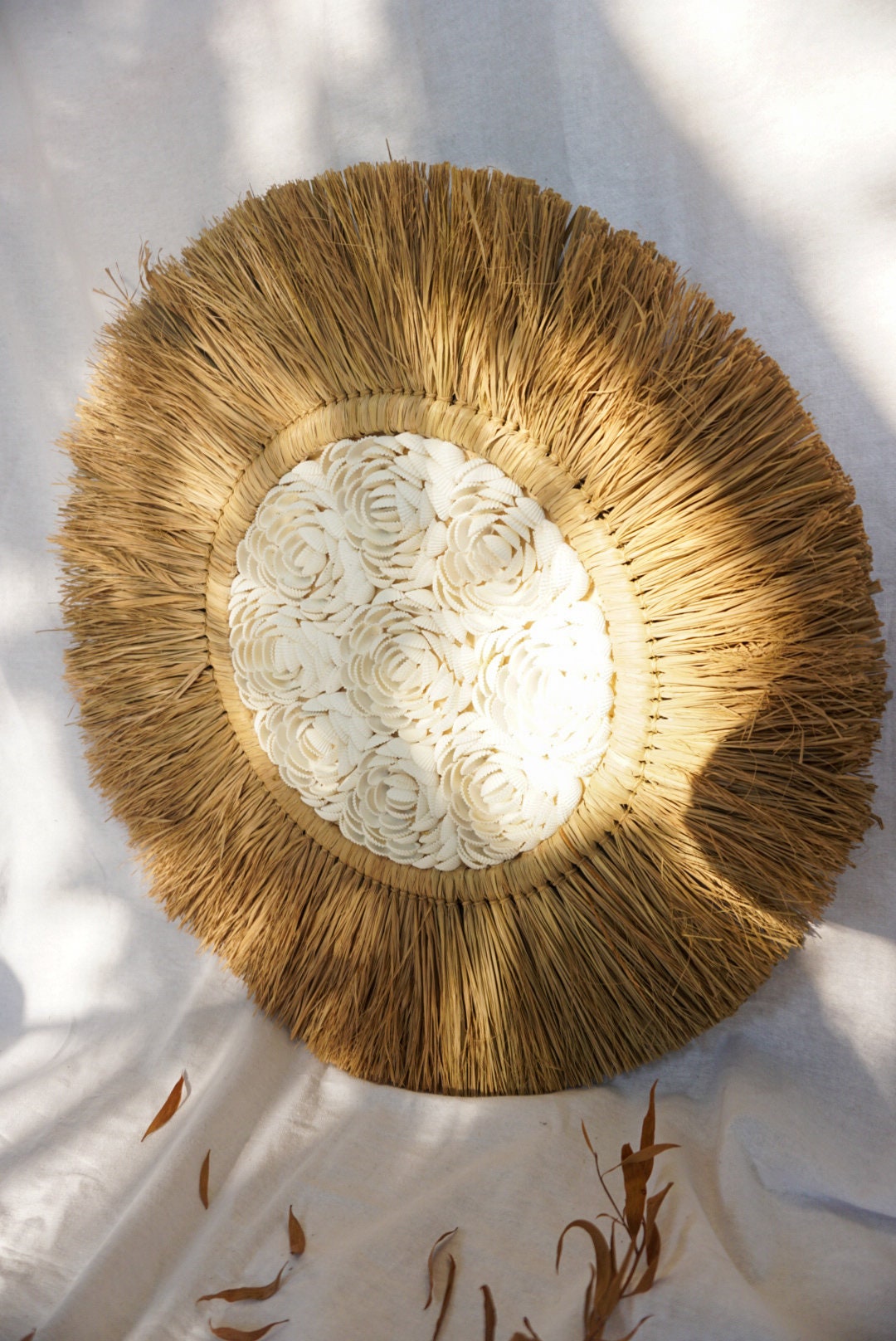 Handmade White Shell Flower Wall Decor in Seagrass & Raffia