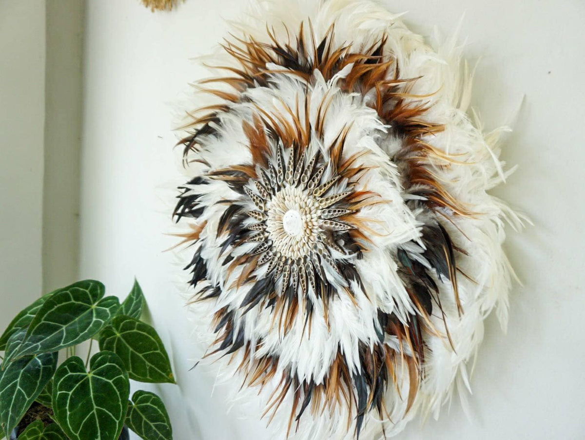 White and Brown Juju Hat Wall Decor | jujuhat sea shell wall hanging | large jujuhat decor