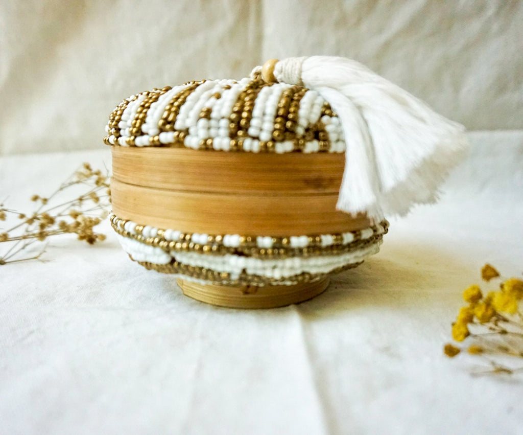 Decorative Balinese Bamboo Basket with Beaded Detail