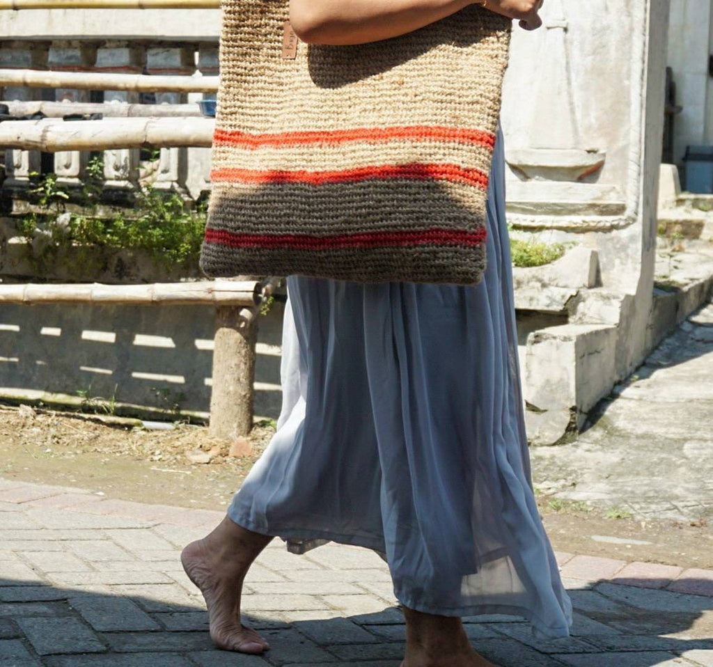 Large Jute Crochet Shoulder Tote Bag with Stripe Detail