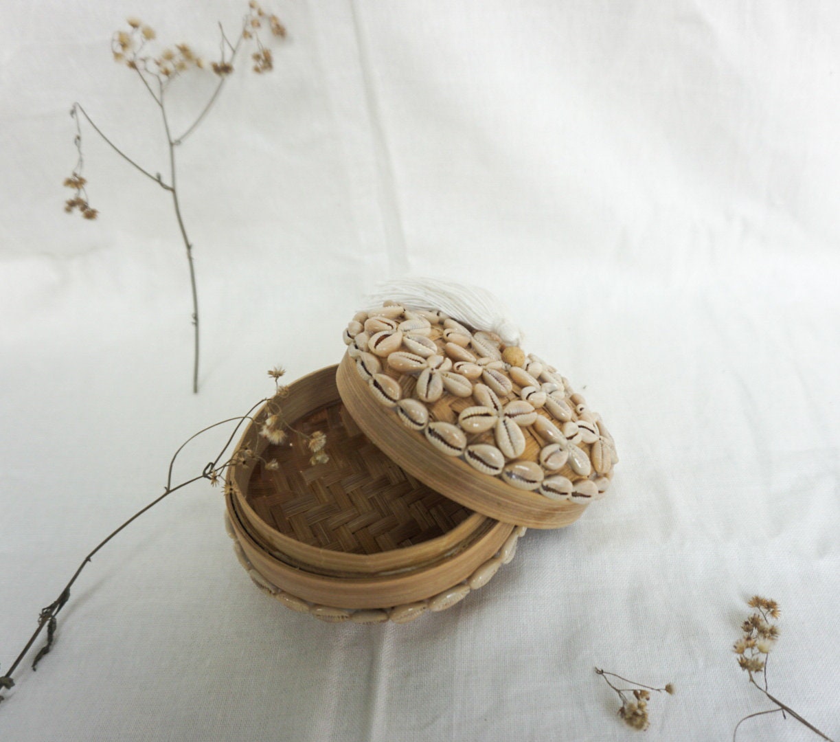 Bamboo Balinese decorative basket | beaded sea shell basket | Balinese bamboo basket