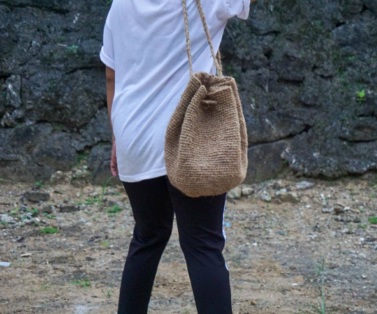 Small Jute Crochet Bucket Backpack – Handmade Gift