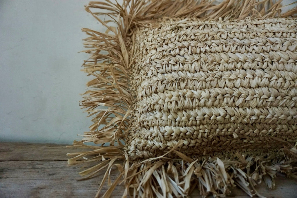 Lumbar Boho Raffia Fringes Pillow Cover