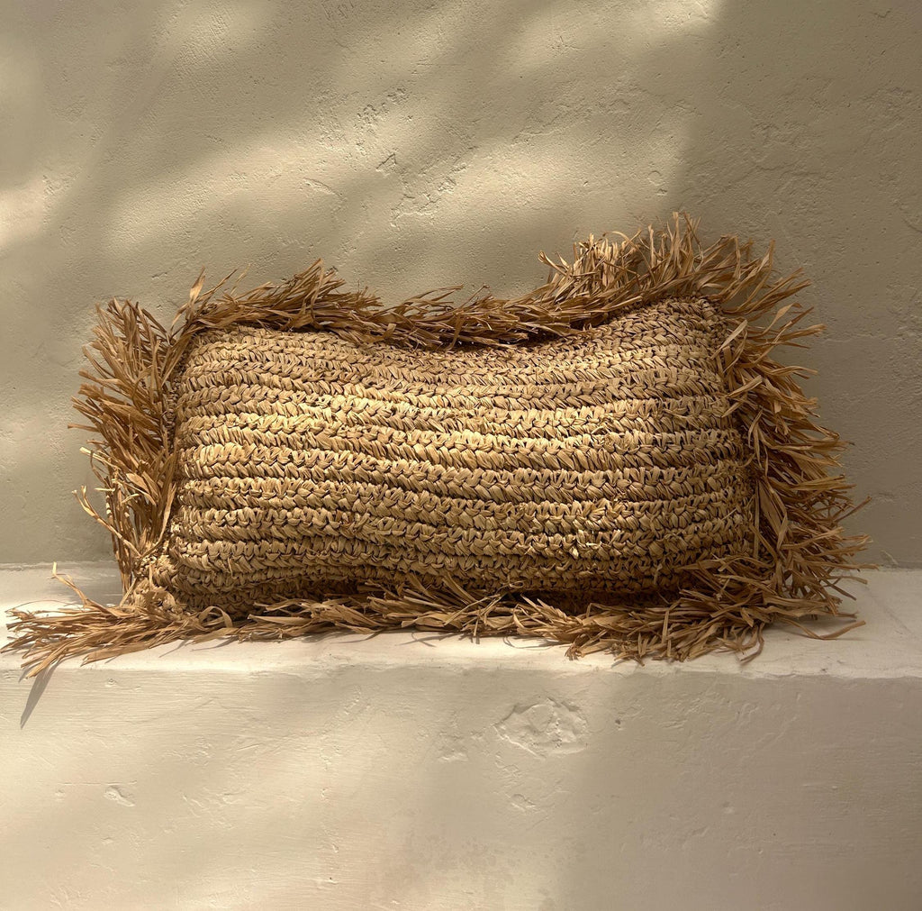 Lumbar Boho Raffia Fringes Pillow Cover