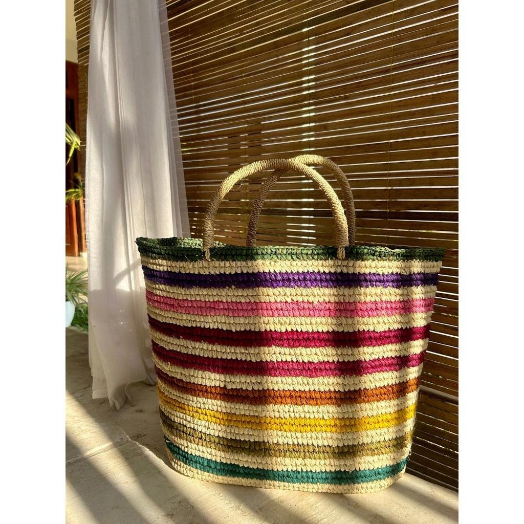 Summer Rainbow raffia tote bag | beach raffia bag  large beach bag | summer beach bag | raffia large tote