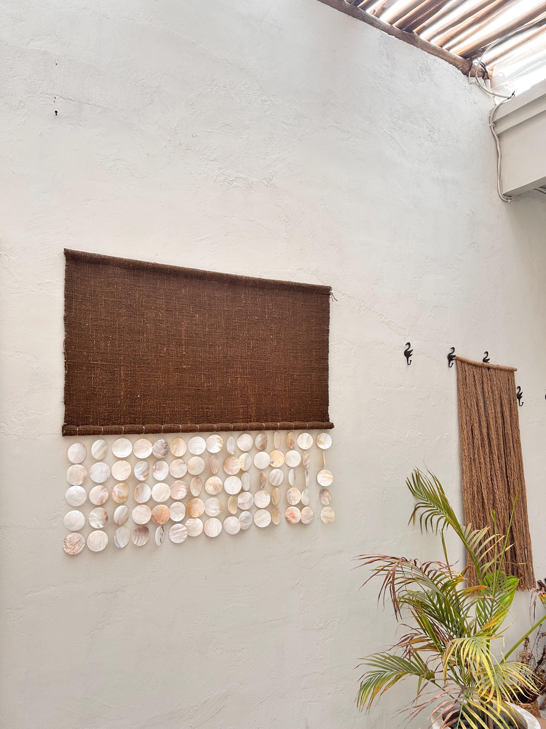 Mother of Pearl & Brown Tapestry Wall Hanging – Coastal Boho Seashell Art, Beach House Wall Decor, Wabi Sabi Textured Home Accent