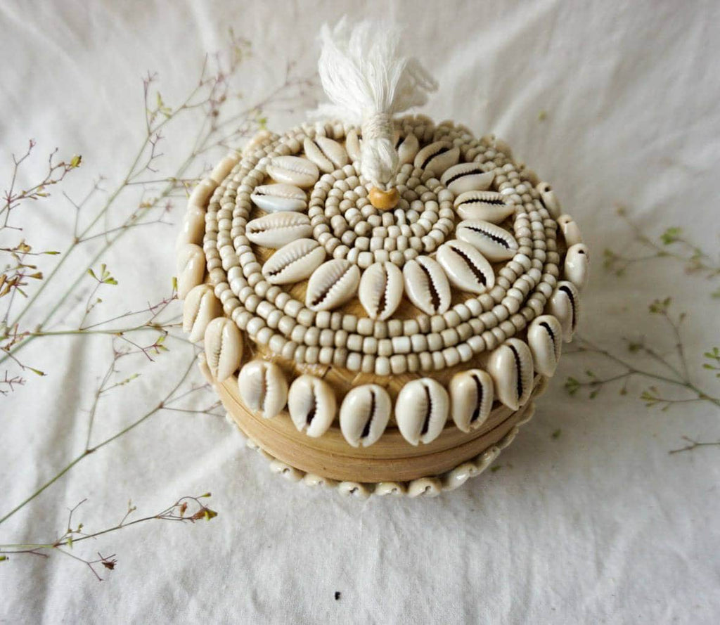 Balinese Bamboo Basket with Sea Shell Beads – Decorative Accent