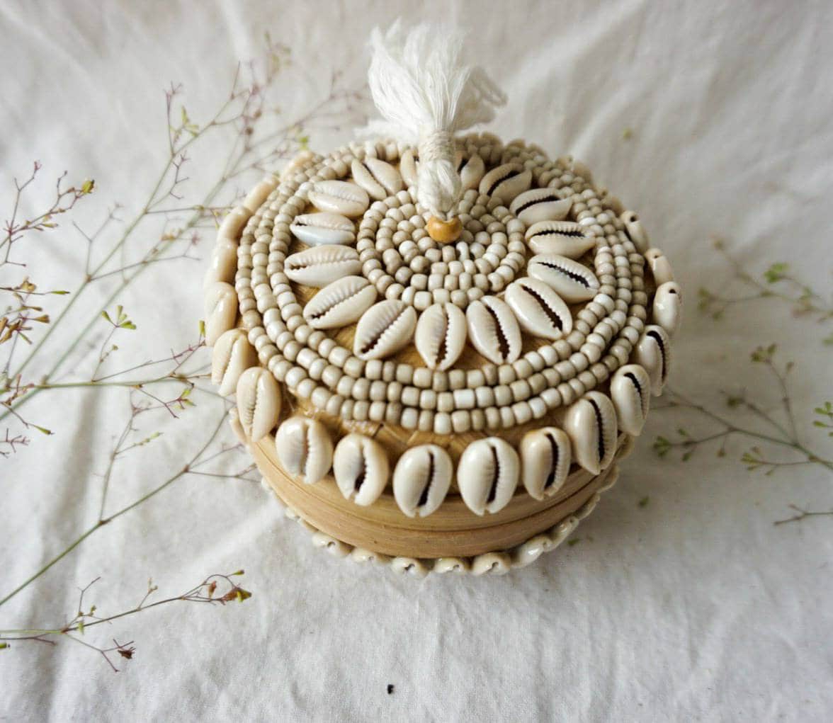 Balinese Bamboo Basket with Sea Shell Beads – Decorative Accent