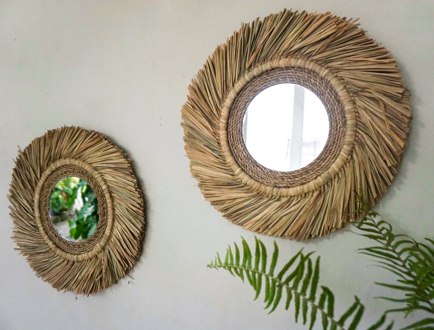 Set of 2 Coastal Charm Raffia Beach House Mirror | beach wall mirror | seagrass round mirror | boho mirror raffia wall hanging
