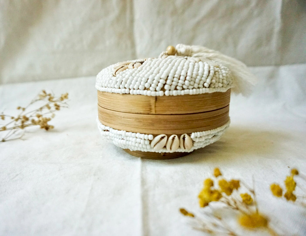 Decorative Beaded Bamboo Basket – Balinese Artisan Decor