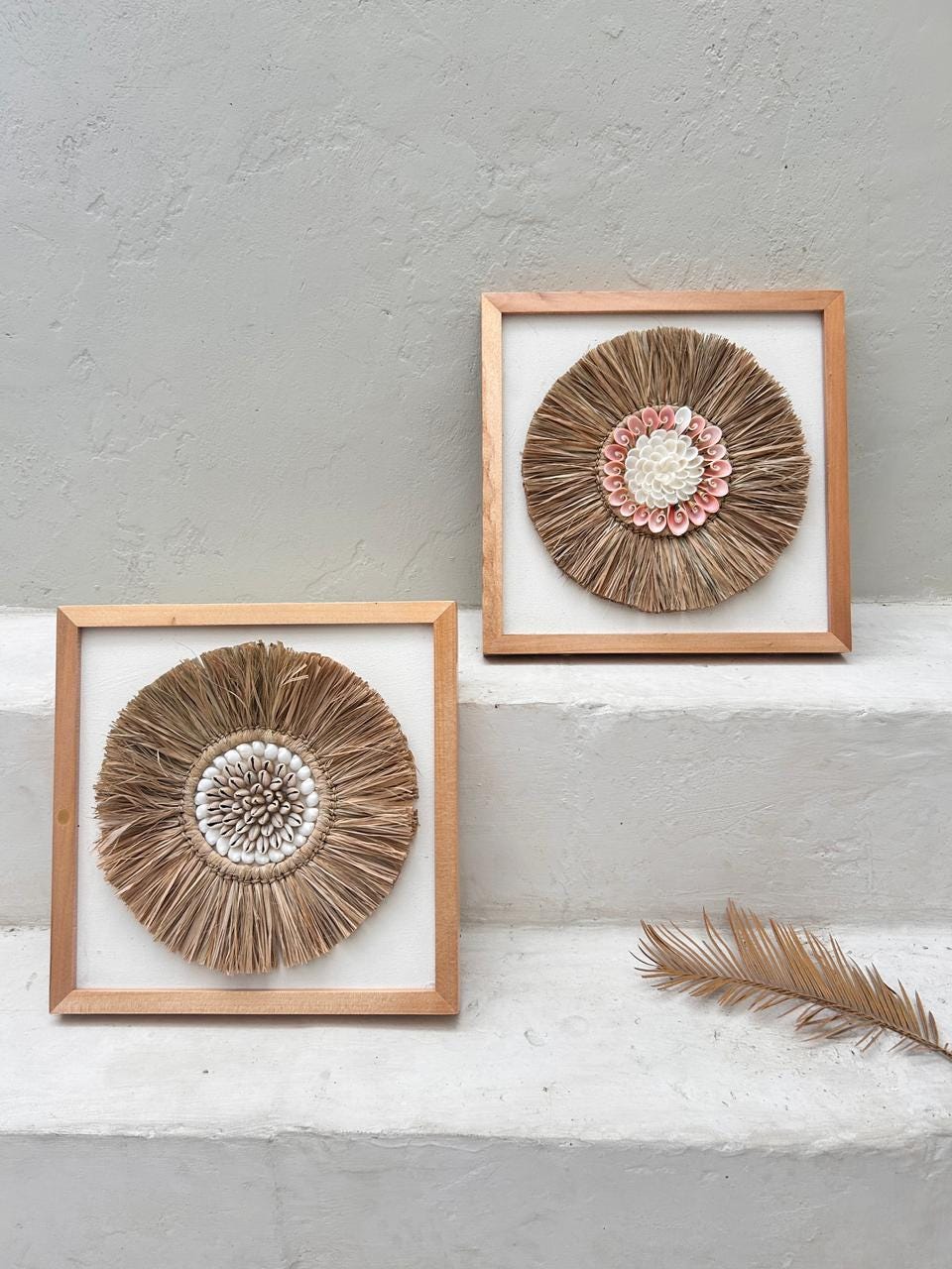Handmade Seashell Wall Art with Raffia – Framed Boho Coastal Beach House Decor