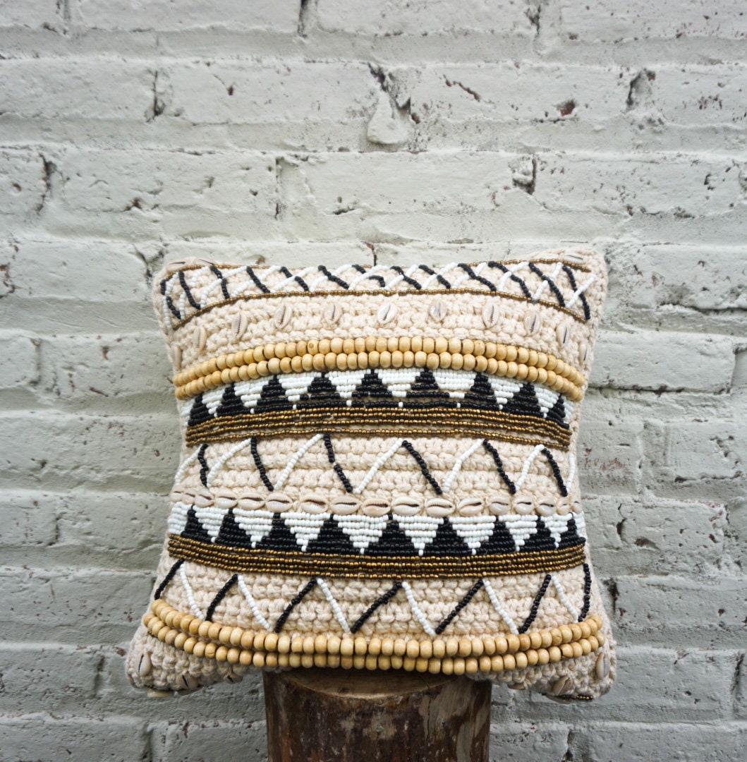 Black - Brown Boho Beaded Throw Pillow Cover | Decorative Pillow Cover | Beach House Pillow