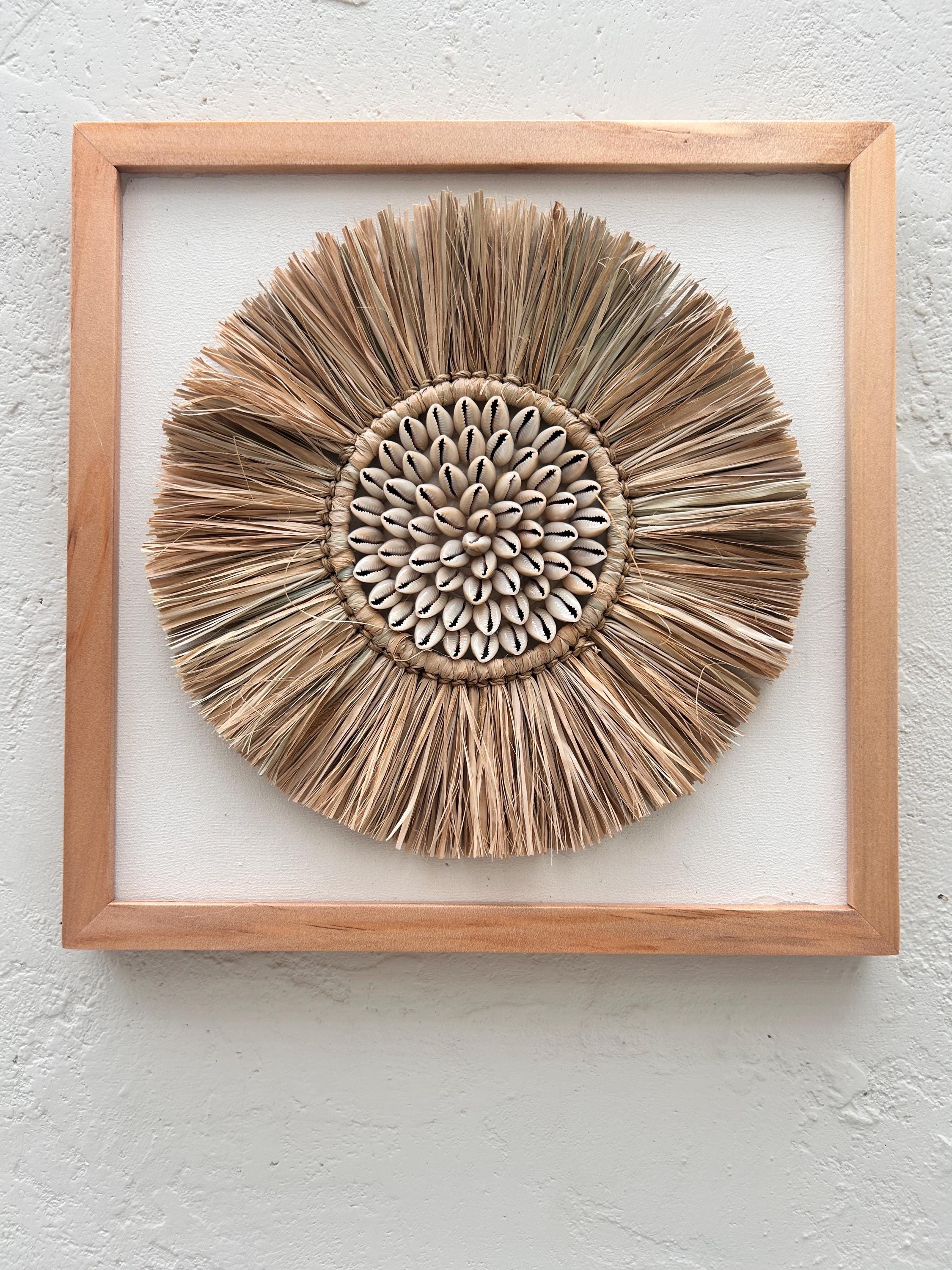 Handmade Seashell Wall Art with Raffia – Framed Boho Coastal Beach House Decor