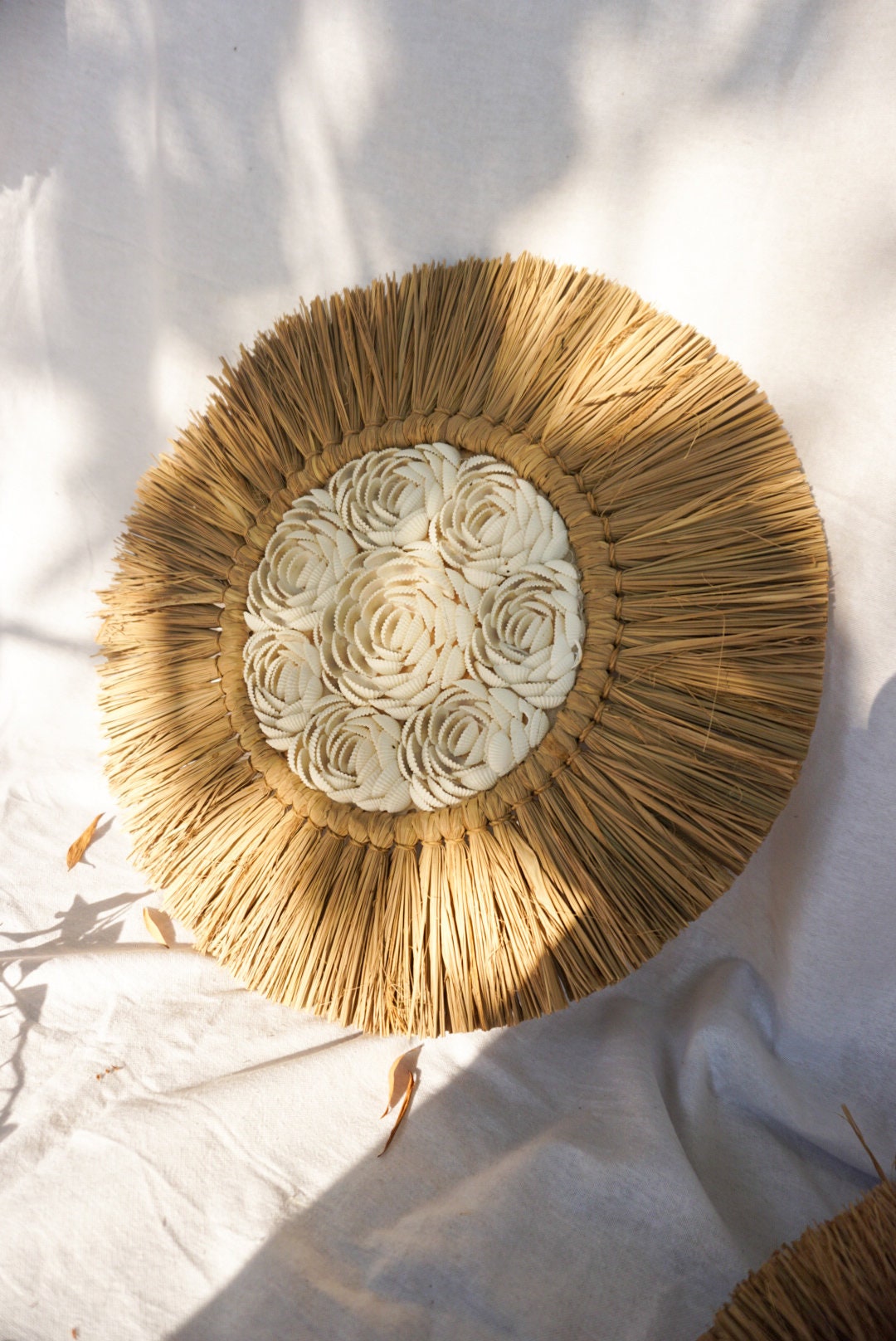 Handmade White Shell Flower Wall Decor in Seagrass & Raffia
