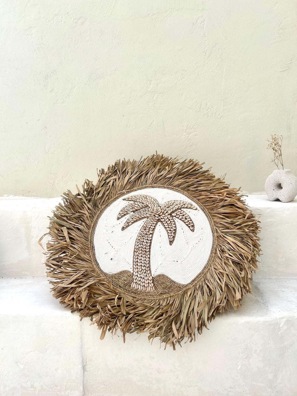Sea Shells Palm with Raffia fringes boho wall hanging