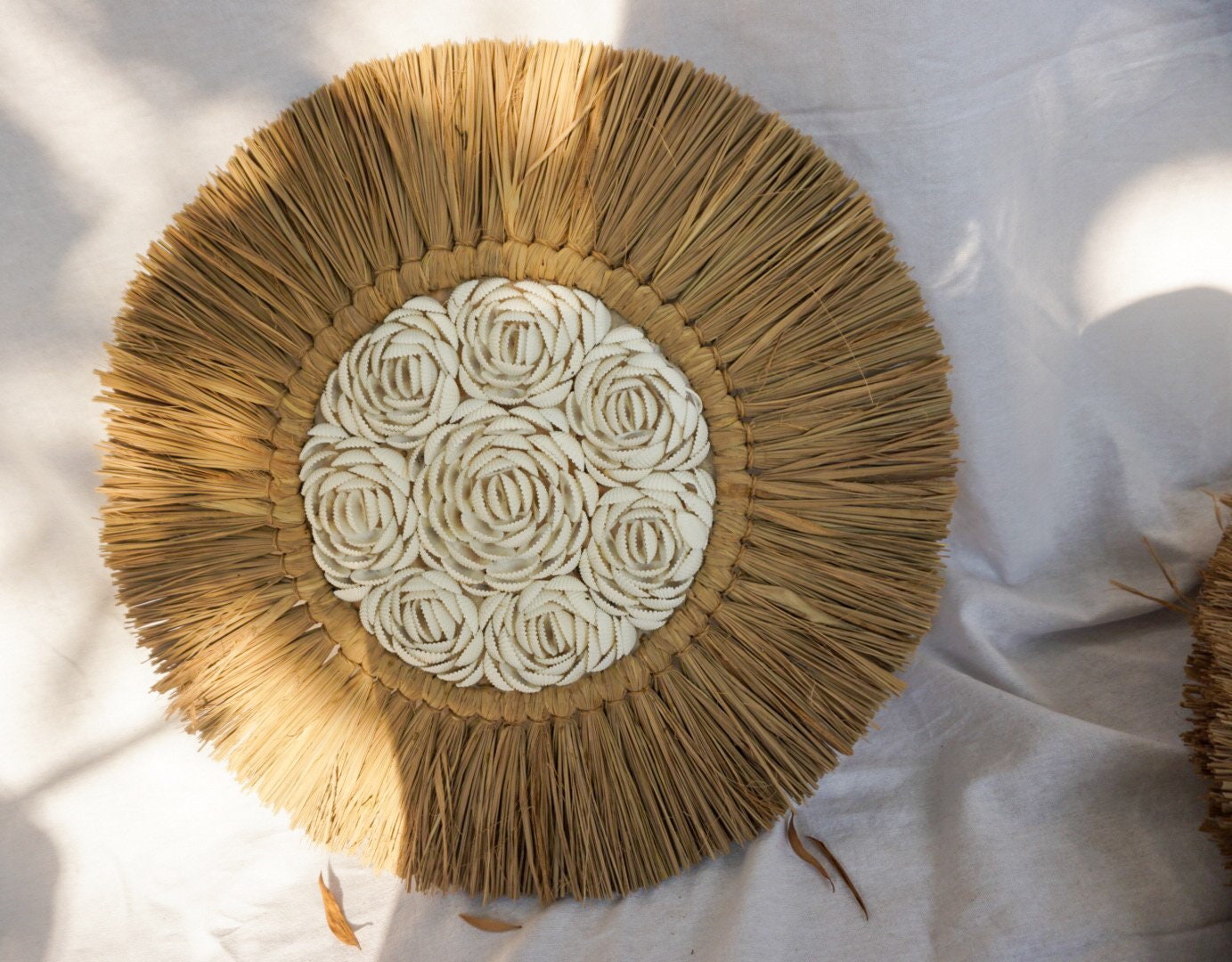 Handmade White Shell Flower Wall Decor in Seagrass & Raffia