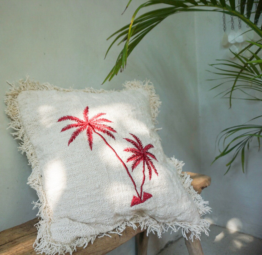 Coastal Boho Palm Embroidered Pillow Cover