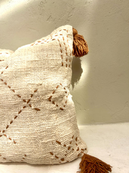 Boho Hand-Stitched Pillow Cover with Tassels