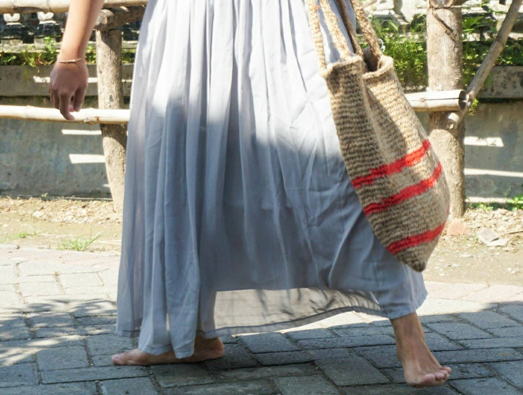 Large Jute Crochet Shoulder Tote Bag with Stripe Detail