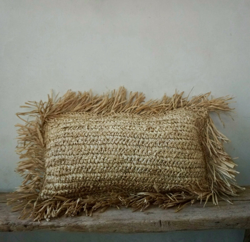 Lumbar Boho Raffia Fringes Pillow Cover