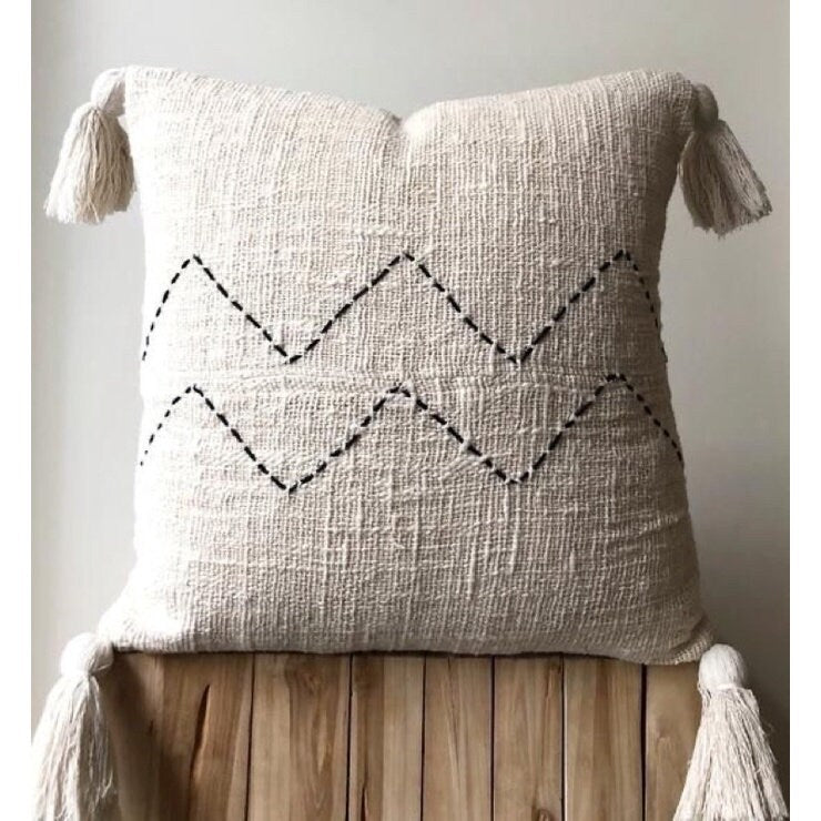 White Tassel Boho Hand-Stitched Pillow Cover