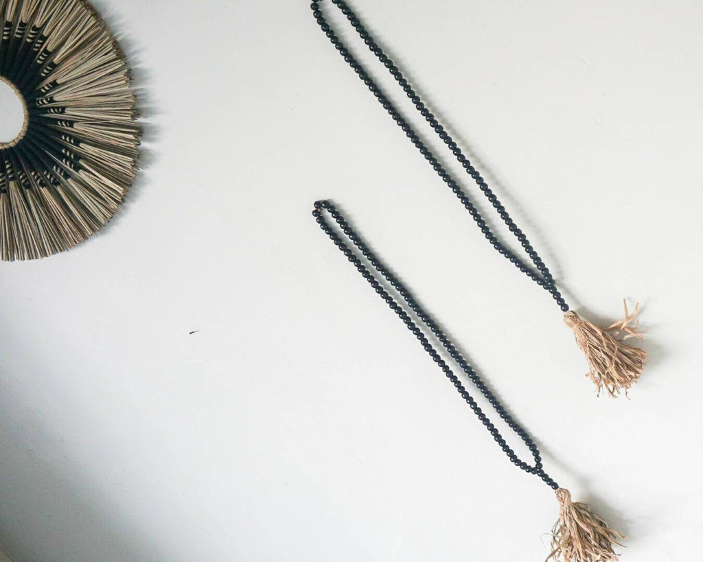 Set of 2 Natural Elegance: Wooden Bead Garland Curtain Tieback | Rustic Charm Wooden Bead Drapery Tie with tassel