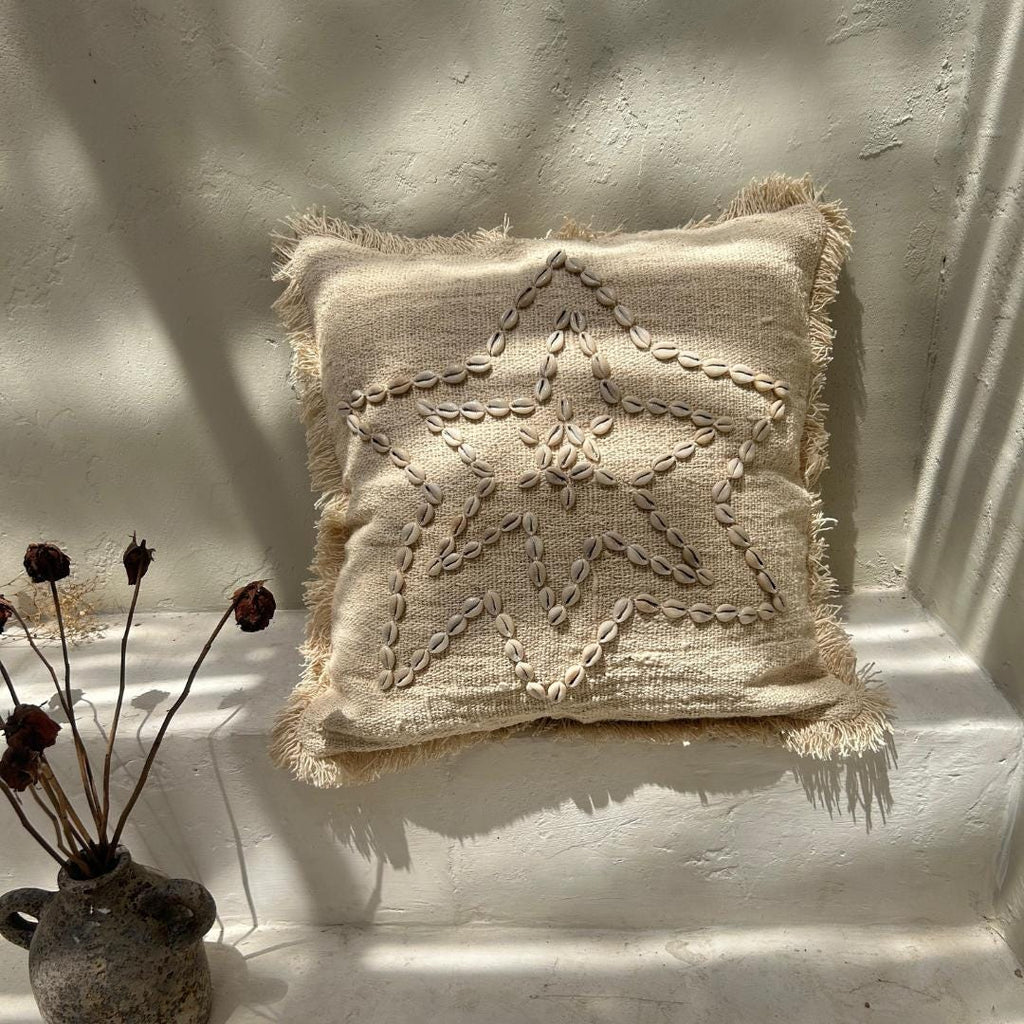 Boho White Shells Pillow Cover – Coastal Handmade Decor