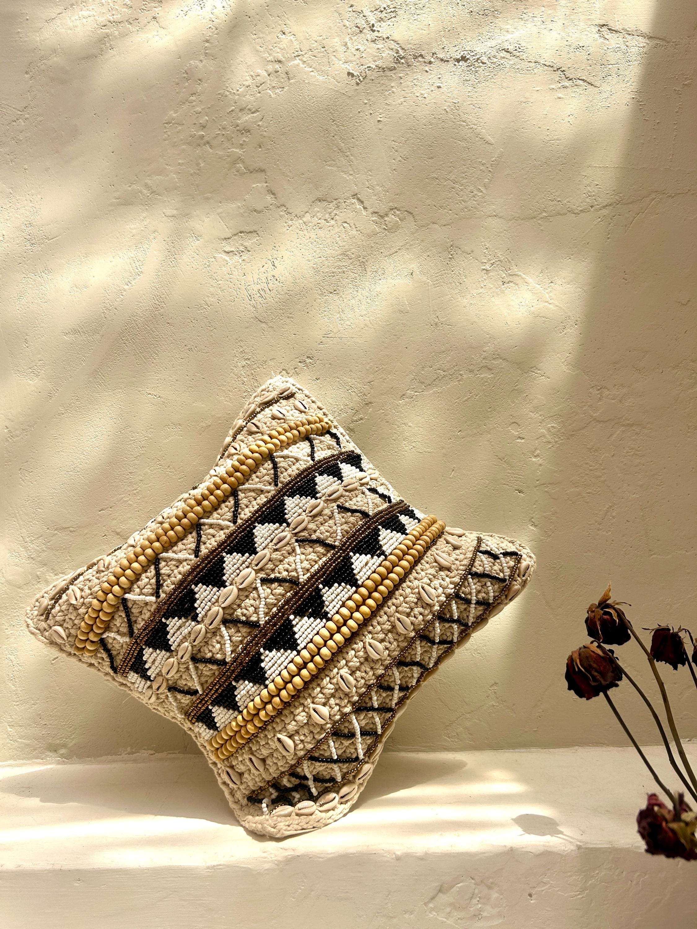 Black - Brown Boho Beaded Throw Pillow Cover | Decorative Pillow Cover | Beach House Pillow