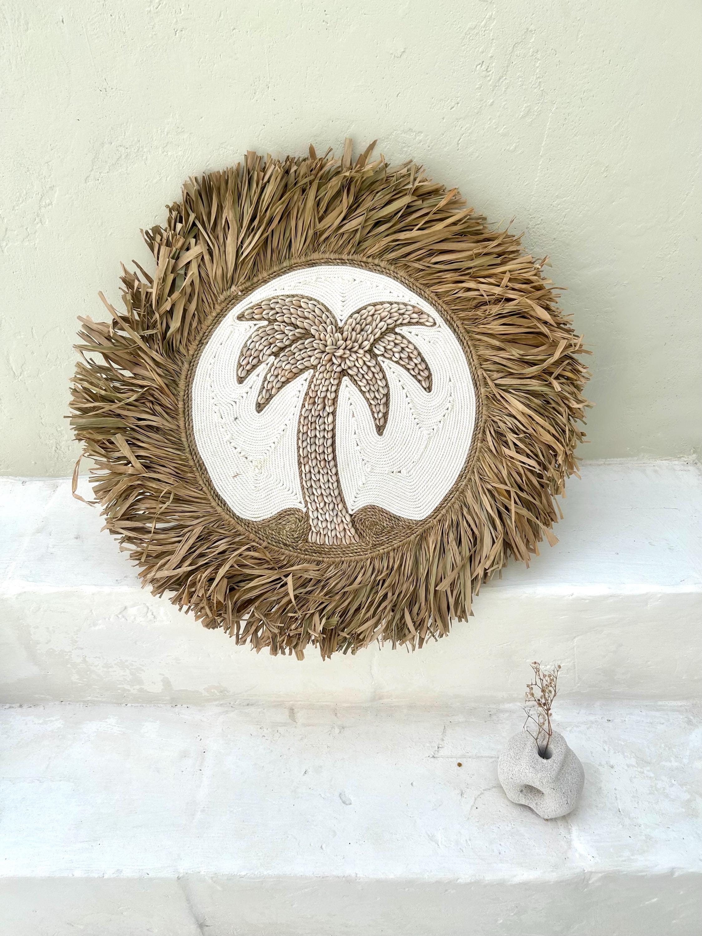 Sea Shells Palm with Raffia fringes boho wall hanging