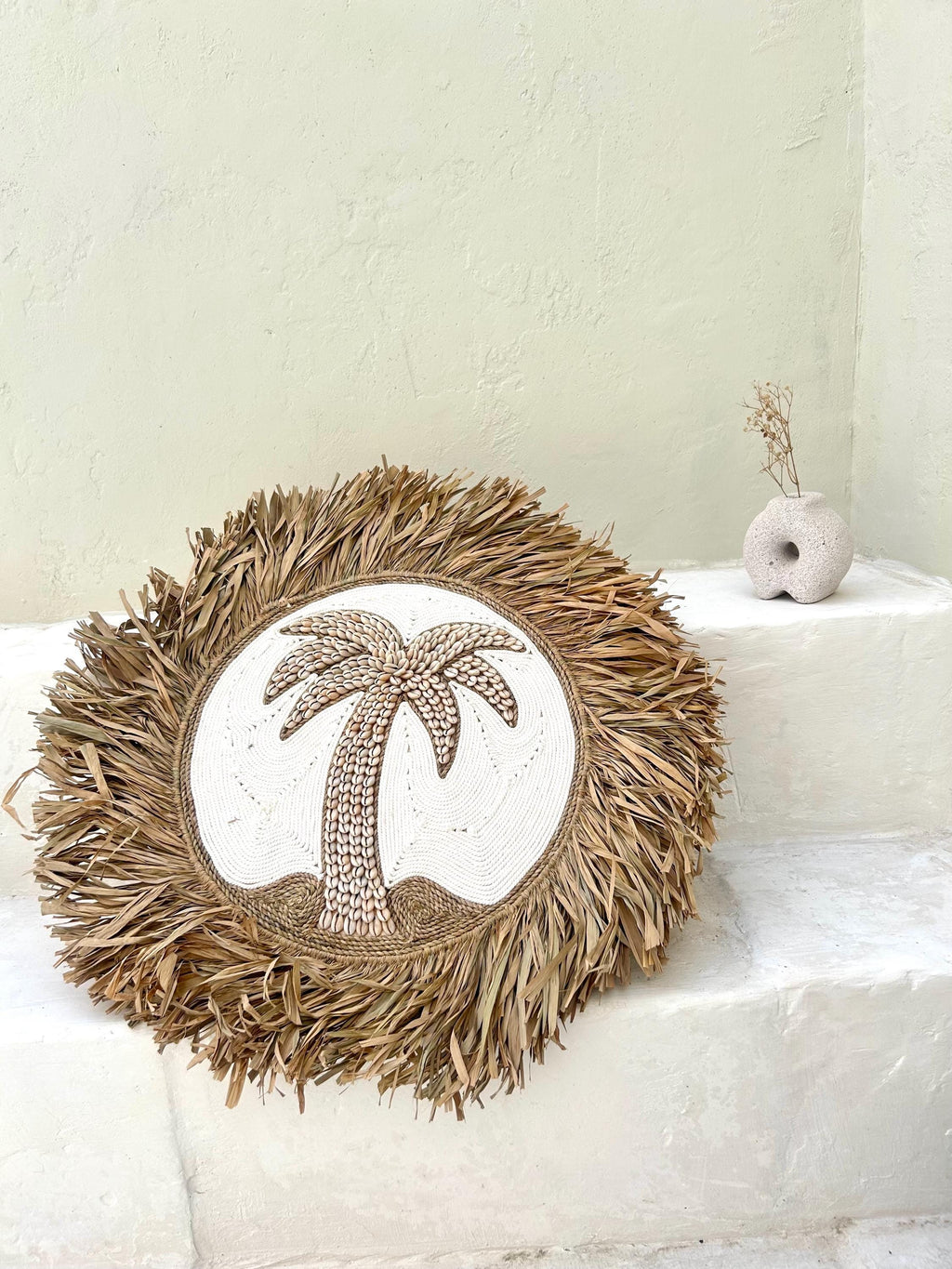 Sea Shells Palm with Raffia fringes boho wall hanging