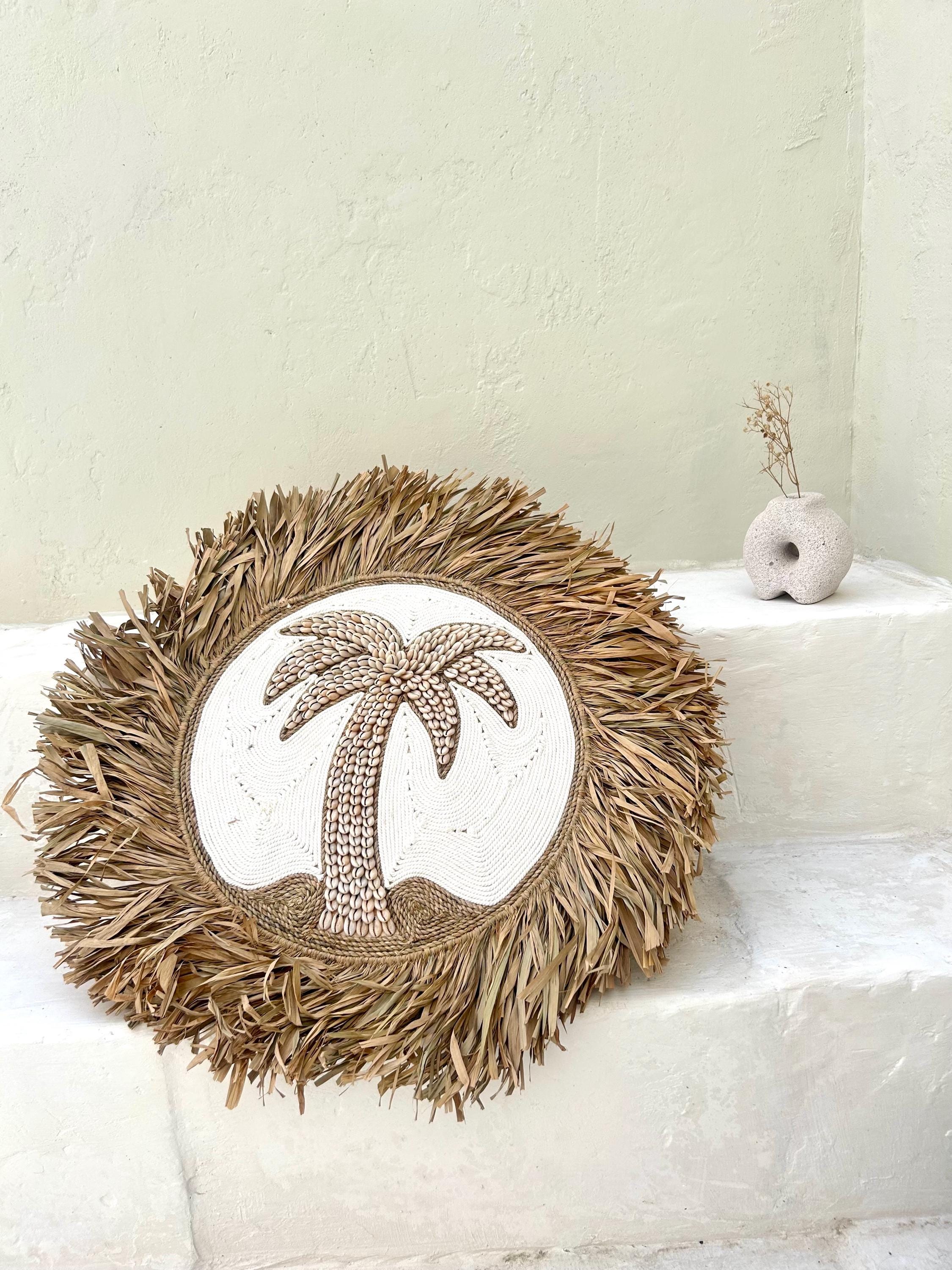 Sea Shells Palm with Raffia fringes boho wall hanging