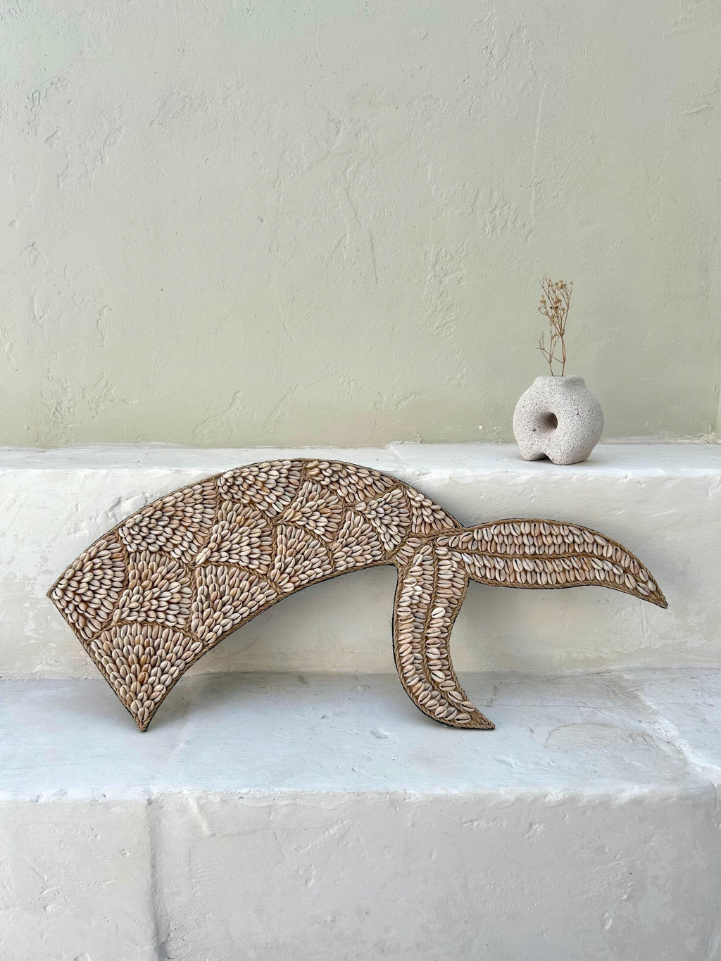 Whale Tail Shape Boho Wall Hanging Decor from White Shells