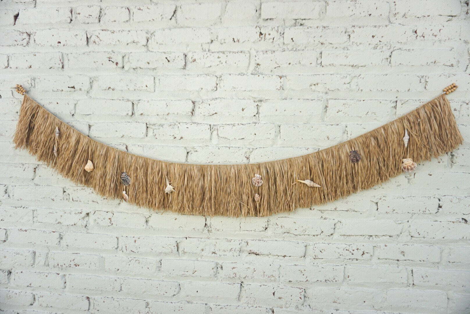 Boho Hawaiian Sea Shells Wall Hanging with Raffia Fringe