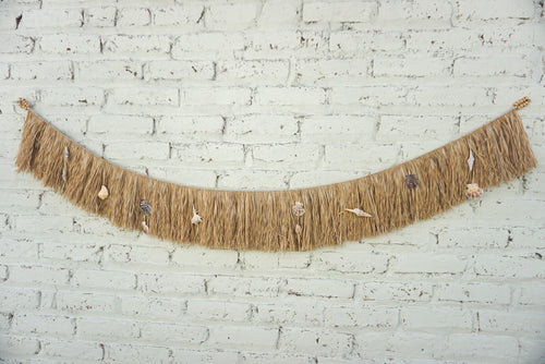Boho Hawaiian Sea Shells Wall Hanging with Raffia Fringe