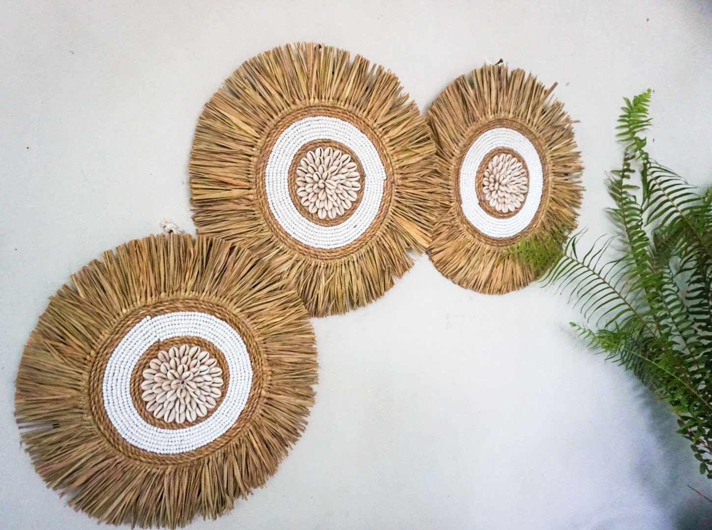 Set of 3 White Seagrass Beads Wall Decor – Coastal Hanging