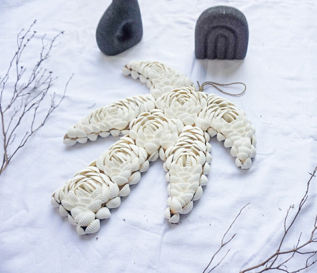 White shells flower wall hanging | sea shells palm shape wall decor | beach house wall hanging