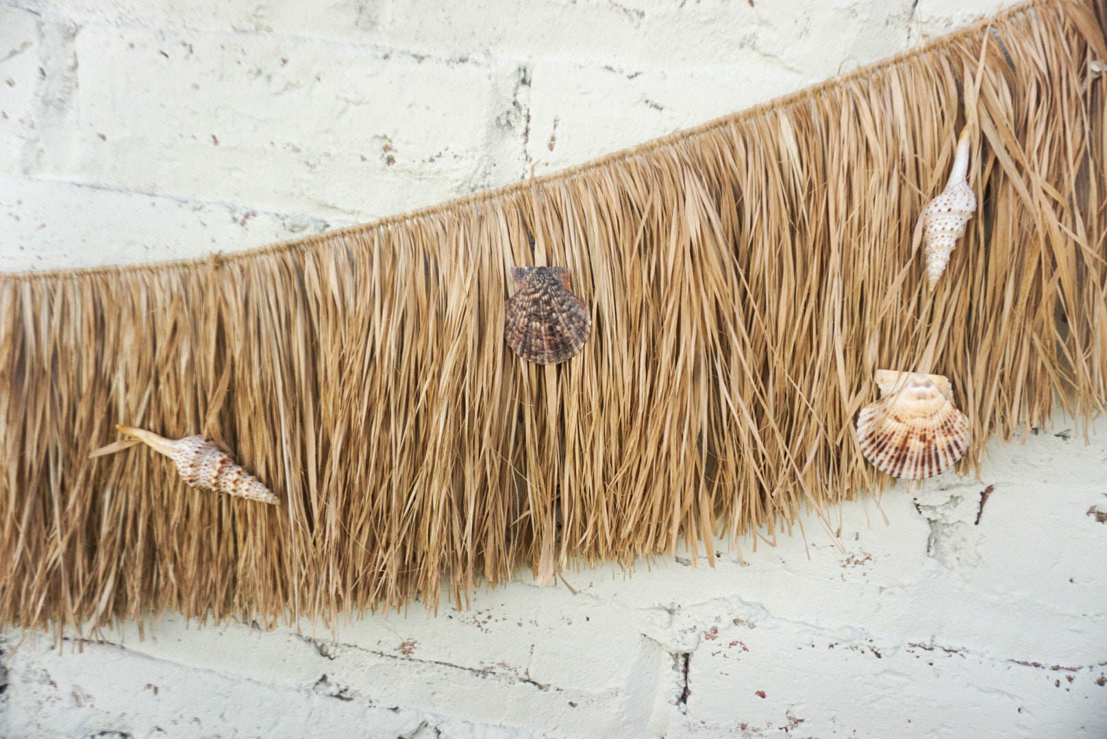 Boho Hawaiian Sea Shells Wall Hanging with Raffia Fringe