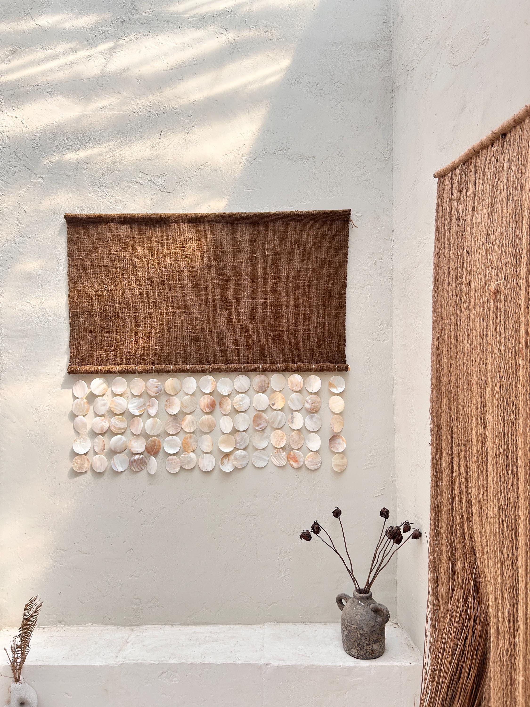 Mother of Pearl & Brown Tapestry Wall Hanging – Coastal Boho Seashell Art, Beach House Wall Decor, Wabi Sabi Textured Home Accent