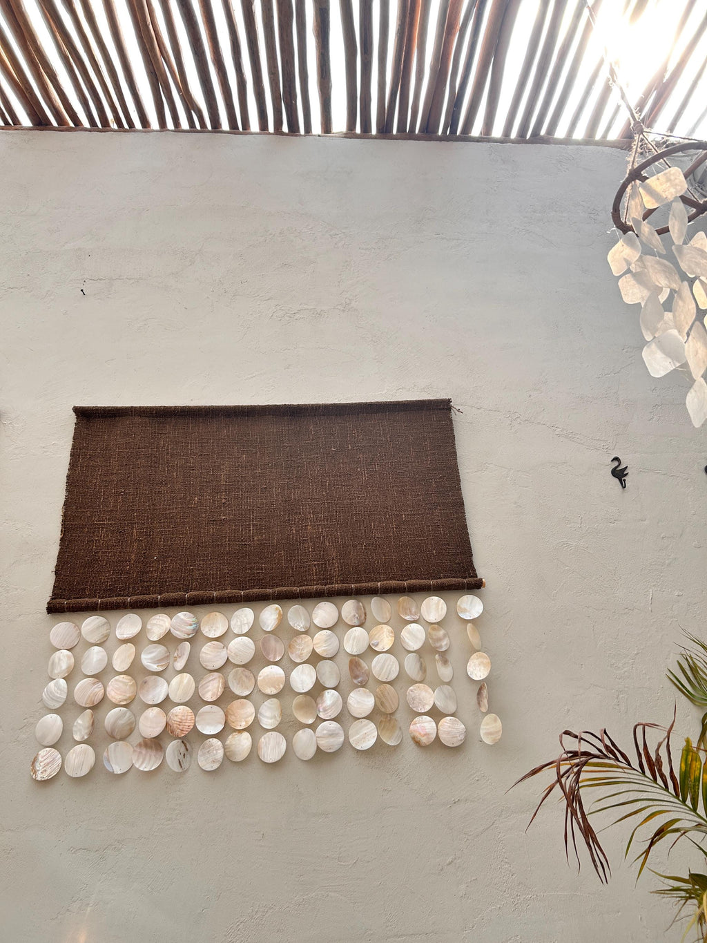 Mother of Pearl & Brown Tapestry Wall Hanging – Coastal Boho Seashell Art, Beach House Wall Decor, Wabi Sabi Textured Home Accent