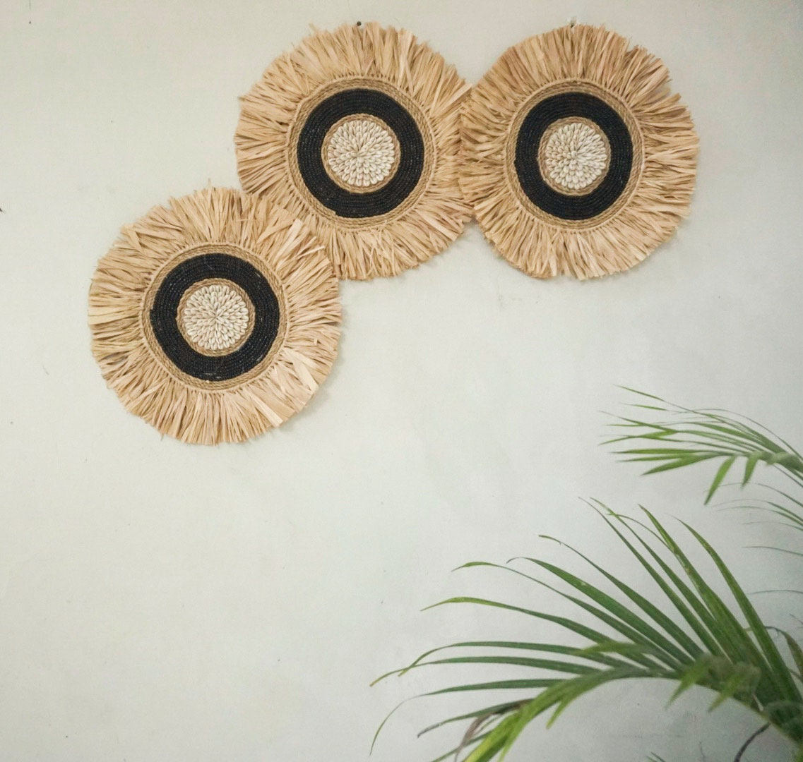 Set of 3 Black Seagrass Beads Wall Decor – Coastal Boho Hanging