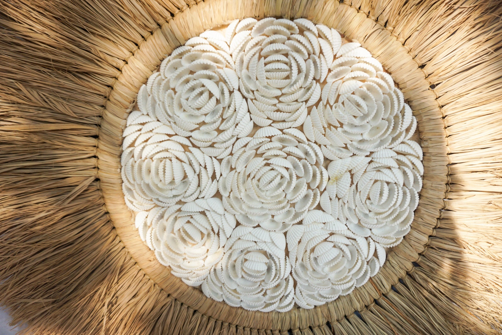 Handmade White Shell Flower Wall Decor in Seagrass & Raffia