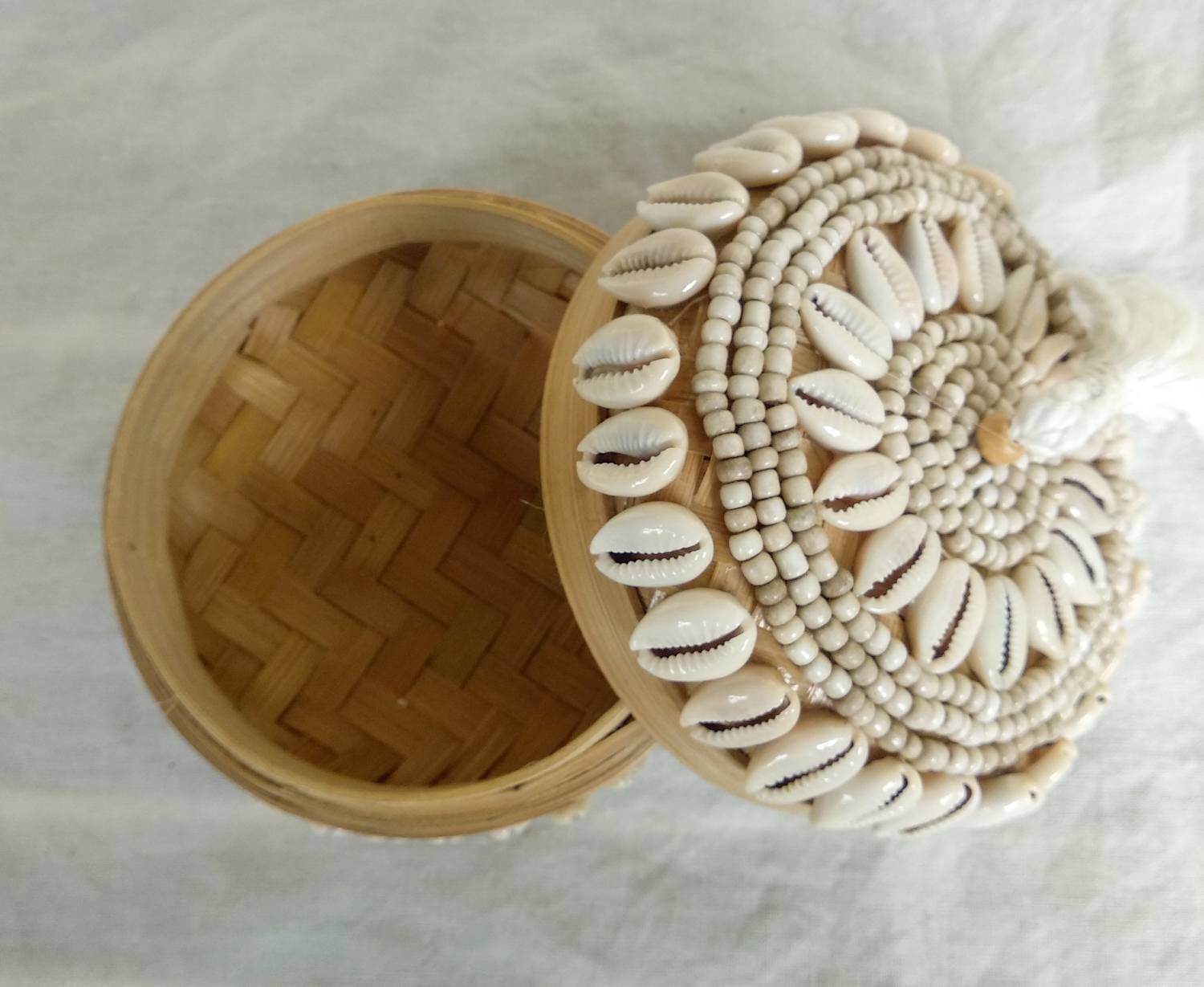 Balinese Bamboo Basket with Sea Shell Beads – Decorative Accent