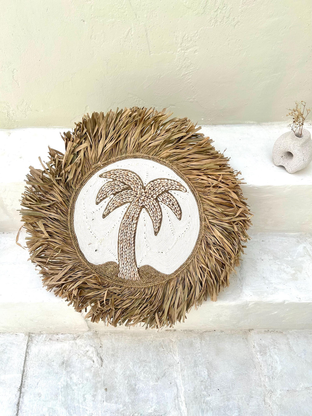Sea Shells Palm with Raffia fringes boho wall hanging