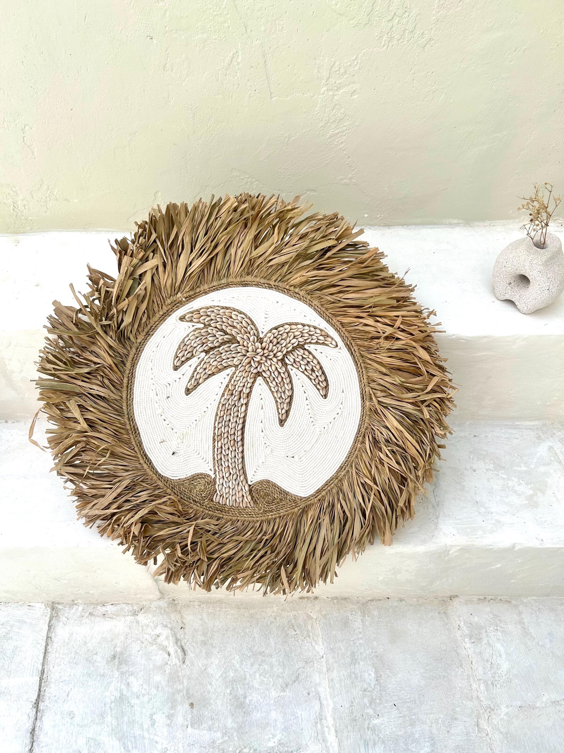 Sea Shells Palm with Raffia fringes boho wall hanging