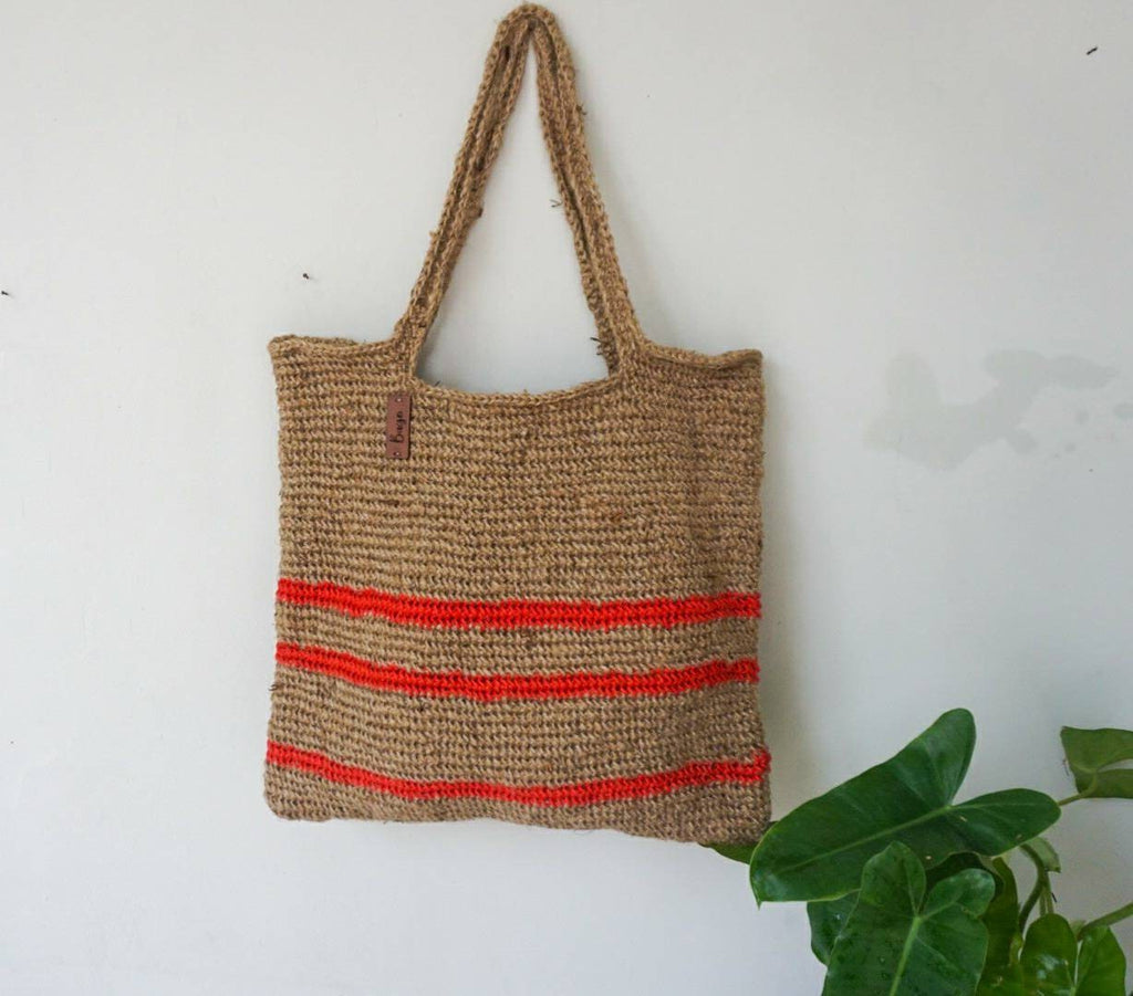 Large Jute Crochet Shoulder Tote Bag with Stripe Detail